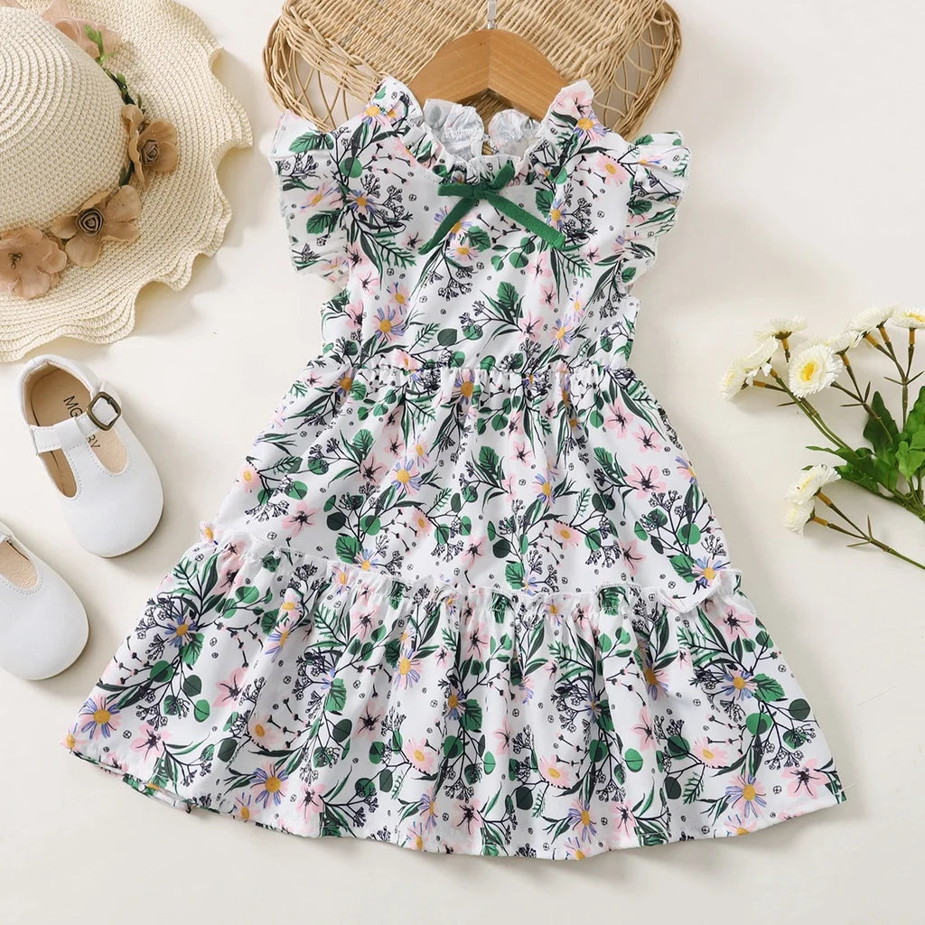 1-6Years Old Children Girl Summer Floral Dress Baby Girl Fashion Sleeveless Dresses with Bow Design Toddler Girl Casual Dress