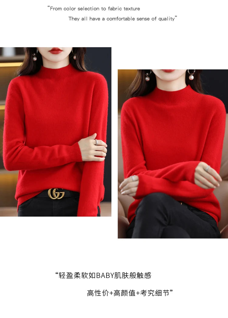 100% merino wool cashmere sweater women's sweater semi-high-necked long-sleeved pullover warm pullover in autumn and winter