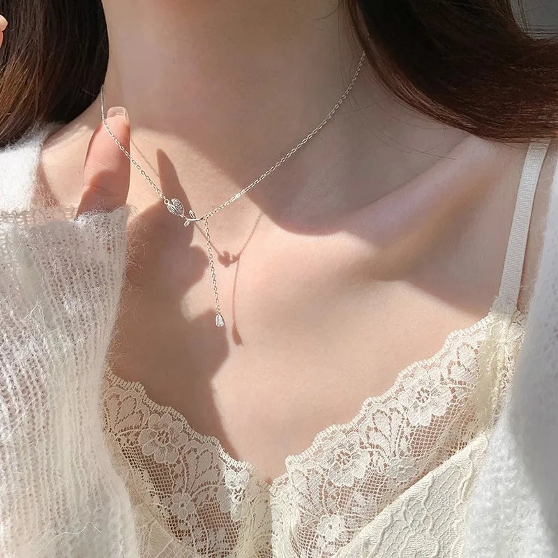 VENTFILLE 925 Silver Circular Geometry Rose Necklace Dropwise Glaze Korean Gentle Jewelry Birthday Gift Wholesale