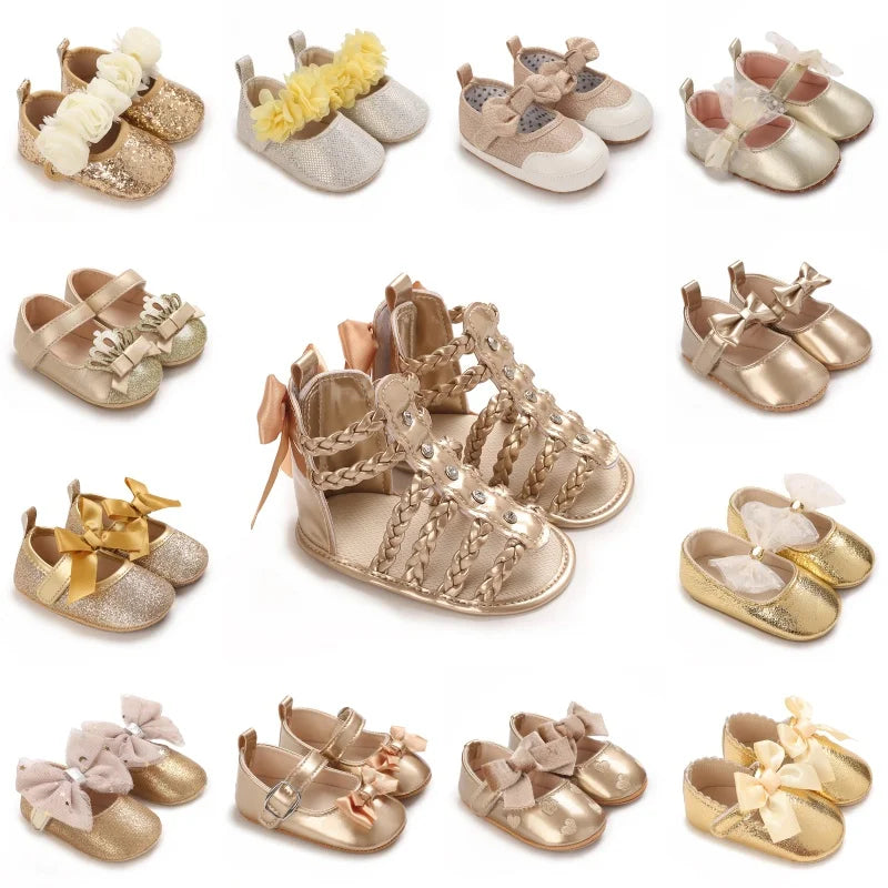 0-18M Girls' Baby Shoes Fashionable Classic Gold Theme Princess Shoes Soft Sole Comfortable Baby Walking Shoes