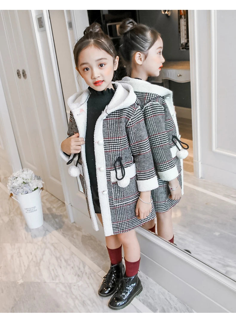 4-15 Year Children Outwear Winter for Girl Plaid Thicken Woolen Jacket Coat Teenage Kids Outfits Wool Long Outerwear Warm Fleece