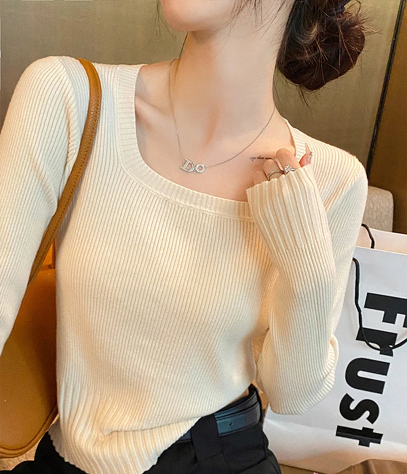 Autumn Winter Fashion Sweater Slim Knitted Pullover Women Square Collar Soft Solid Jumper Casual All Match Female Tops 2024 New