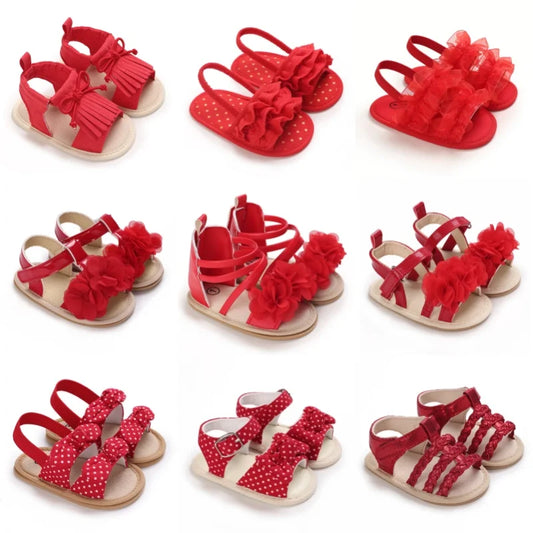 Summer baby girl sandals red festive and cute flower baby shoes soft rubber soles comfortable and casual baby walking shoes