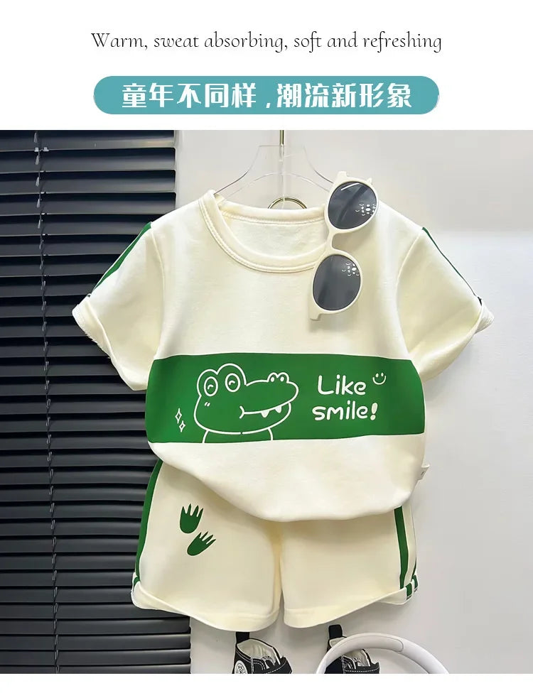 2024 New Kids Short Sleeve Suit Striped Girls Boys Set Summer Tops +short Baby Clothes Children's Wear