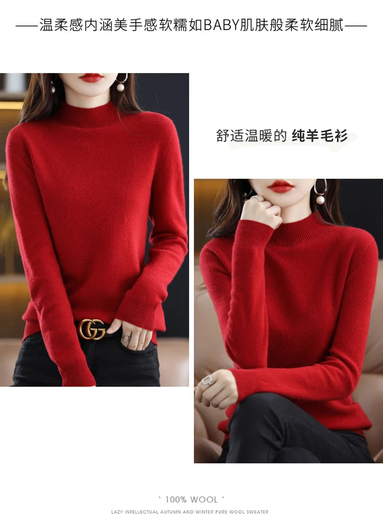 100% merino wool cashmere sweater women's sweater semi-high-necked long-sleeved pullover warm pullover in autumn and winter