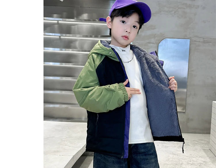 Children's Jackets Winter Parkas for Boys Coats Korean Teen Kids Cotton Velvet Padded High Quality Outerwear Pocket Hooded Coats