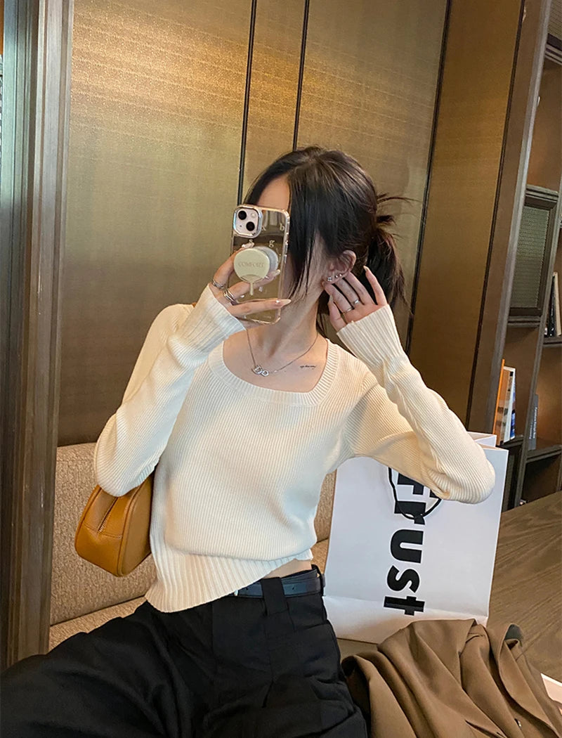 Autumn Winter Fashion Sweater Slim Knitted Pullover Women Square Collar Soft Solid Jumper Casual All Match Female Tops 2024 New