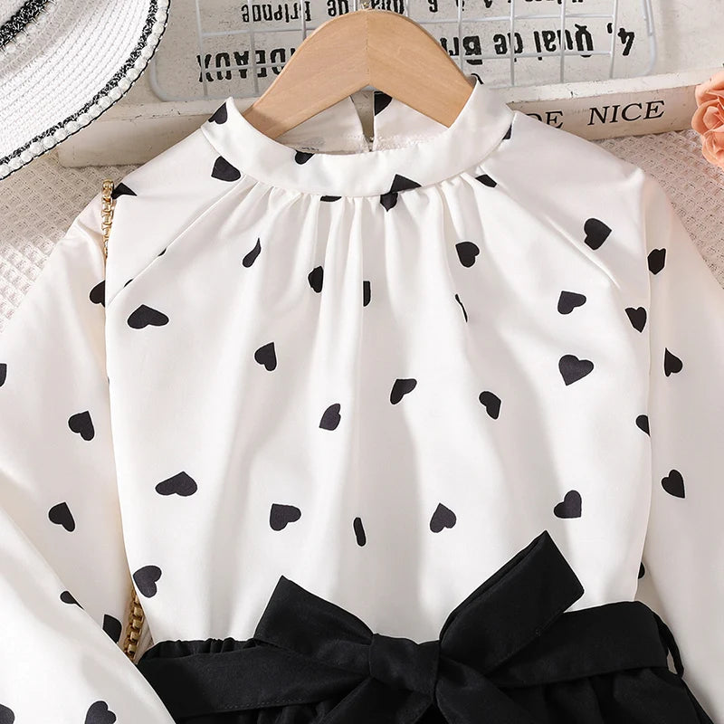 Autumn New Girls Outfit 8-12 Years Girls Long Sleeve Shirt With White Heart + Black Wide-Leg Pants Pastoral Retro Kids Suit