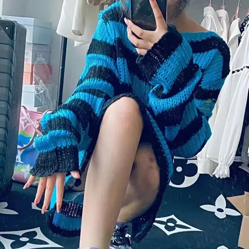 Autumn Punk Gothic Top Long  Unisex Sweater Women Striped Cool Hollow Out Hole Broken Jumper Loose Rock Thin Dark Streetwear