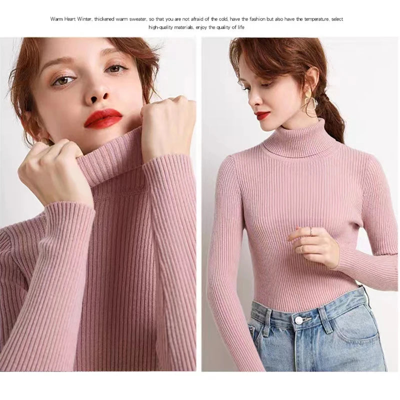 New Turtleneck Jumper Woman Knitted Blouses Fashion Ladies Sweaters Winter Thermal Striped Long Sleeve Autumn Warm Tops Bacis