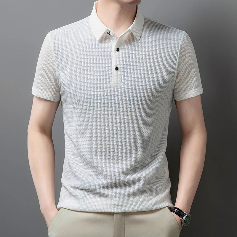 New Men's Checkered Short Sleeved Solid Color POLO Shirt Breathable and Comfortable Elastic Top