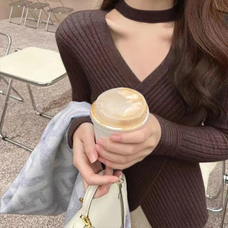 Women Clothing Fashion Chic V-Neck Knitted Top Spring Autumn Hanging Neck Design Knitwear Lady Commute Soft Comfort Pullover