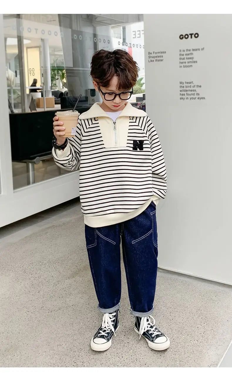 Spring Autumn School Kids Cotton Striped Half Zip Lapel Sweatshirt Boys Pullover Jumper Children Outfits Tracksuit Tops 3-14 Yrs