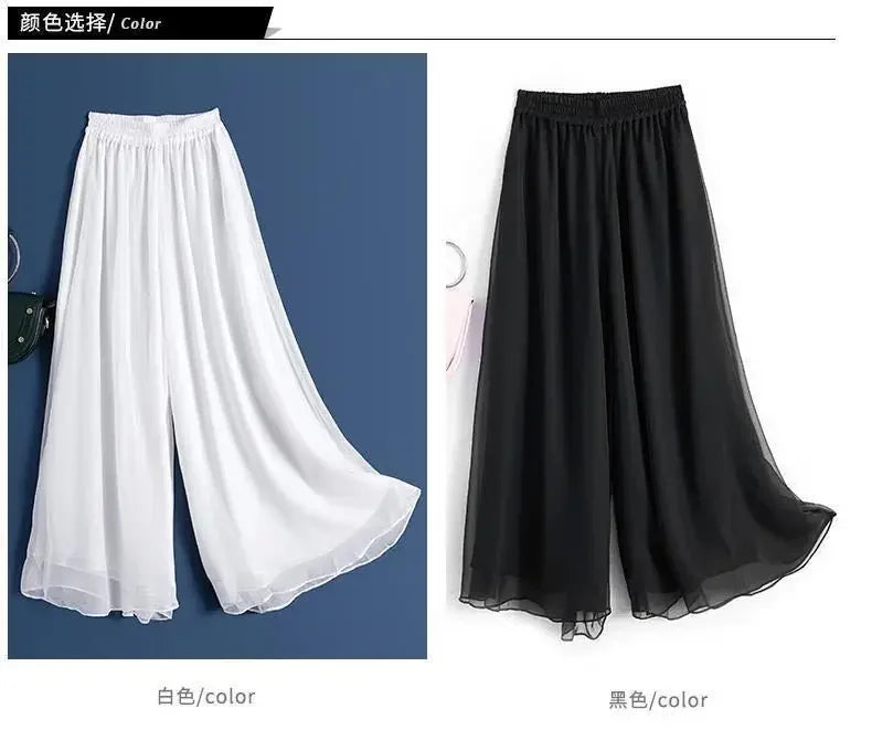 New Summer White Drape Chiffon Wide-Leg Pants Casual Chiffon Trousers Pants Women Clothing Loose High Waist Slim Skirt bd67