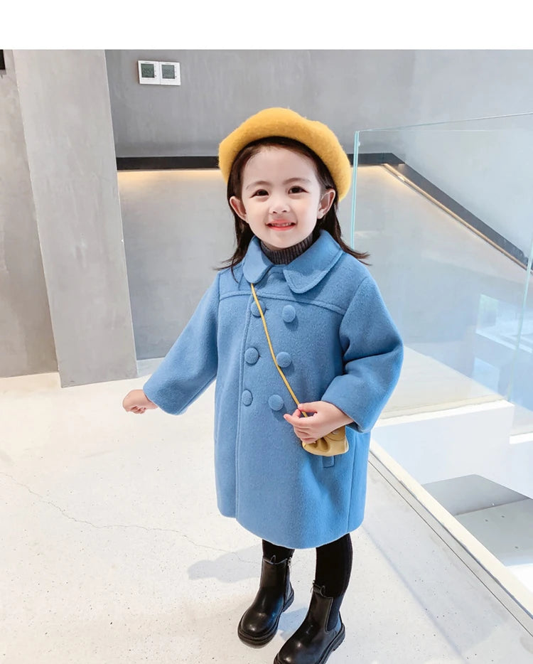 1-7 Years Girls Wool Coats New Fashion Korean Version Long Kids Jacket Spring Autumn Double Breasted Children Outerwear Clothing