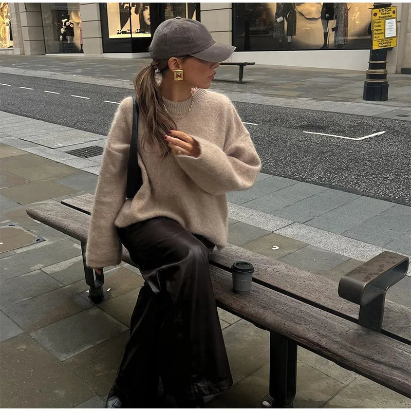 Casual Brown O-Neck knitted Cashmere Pullover Women Fashion Full Sleeve Loose Commute Jumper 2024 Autumn Lady Street Outerwears