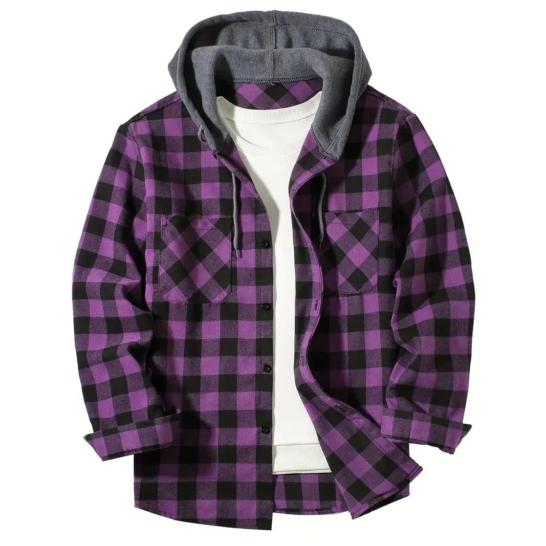 Spring Autumn Men's Hoodies Shirts Classic Plaid Casual Button Down Hooded Long Sleeved Double Pockets Shirt Flannel Jacket Tops