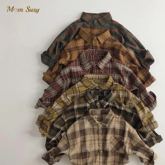 Fashion Baby Girl Boy Cotton Plaid Shirt Infant Toddler Child Trousers Outfit Spring Autumn Summer Baby Casual Clothes 1-7Y