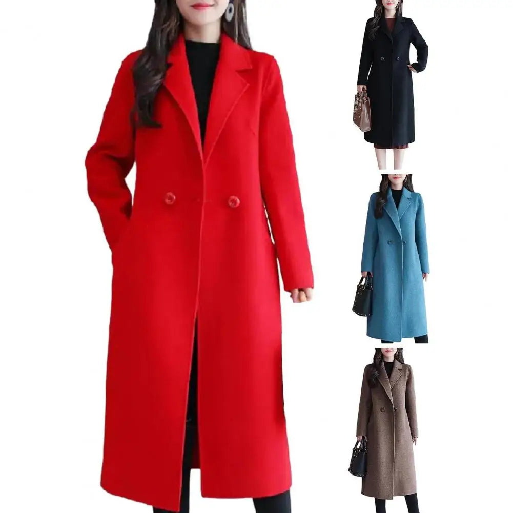 Women Woolen Coat Elegant Lapel Woolen Coat with Two Buttons Pockets for Women Stylish Mid-length Cardigan Outwear for Autumn