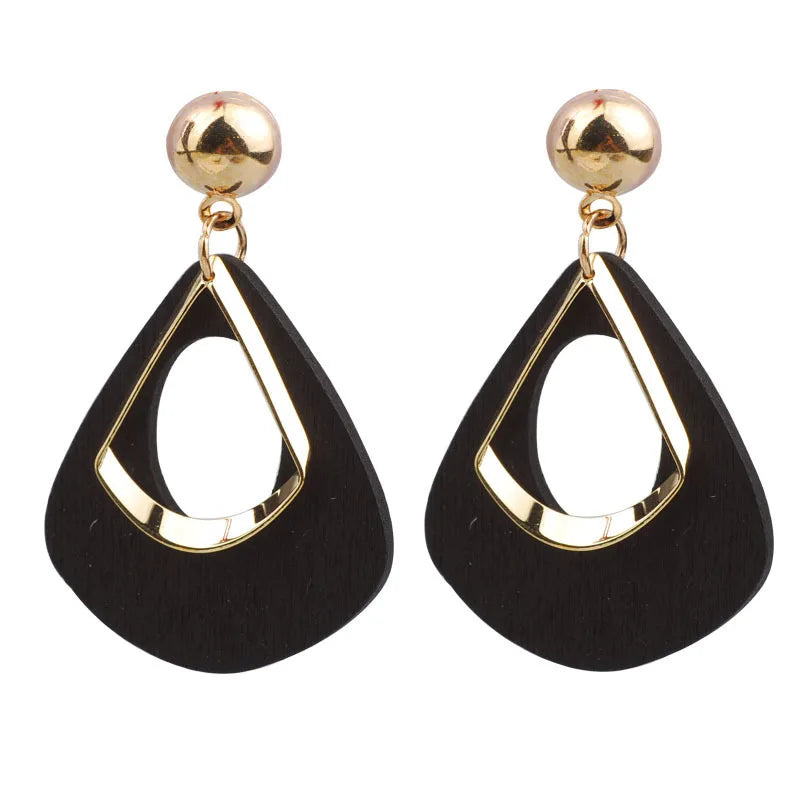 Vintage Hollow Water Droplet Dangle Earrings for Women Metal Wood Double Layer Hollow Out Geometric Drop Earrings Trendy Jewelry