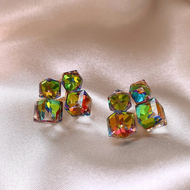 Design Fantastic Colorful Crystal Geometric Square Earrings with Different Angles and Colors Unusual Jewelry for Women or Girls