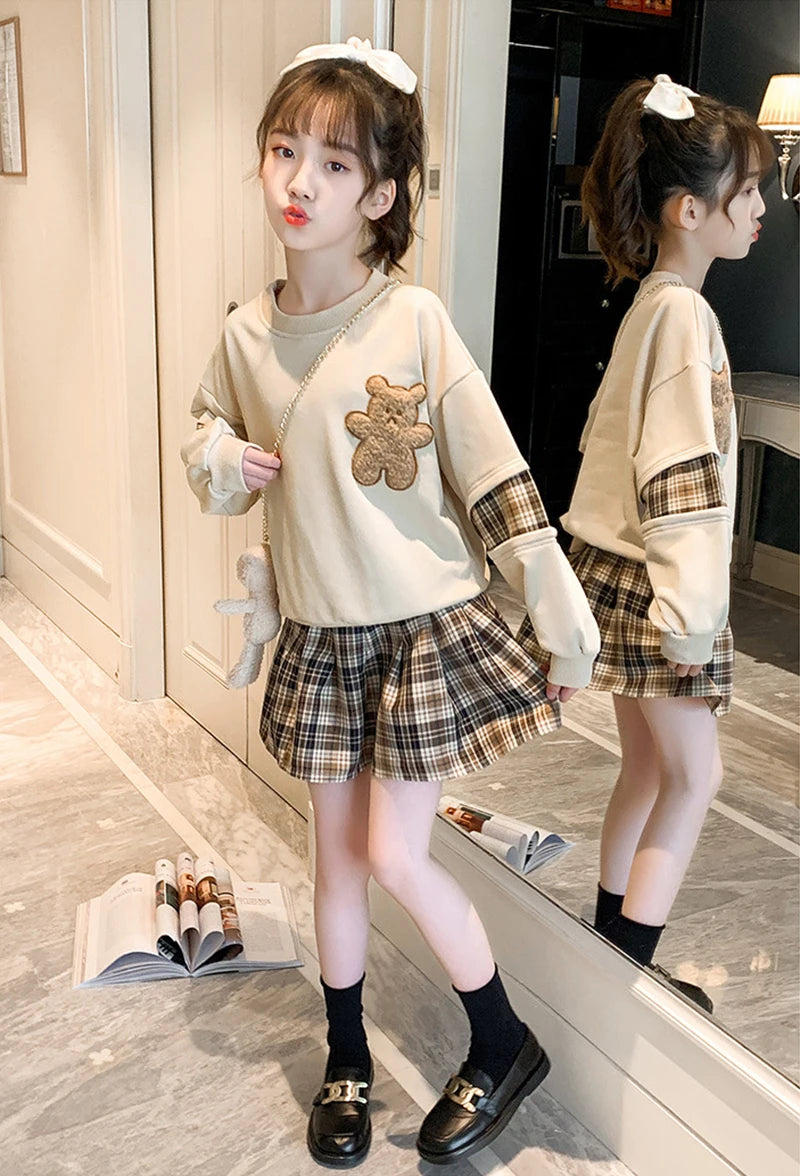 3-14 Years Teenager Girls Outfits Cute Bear Sweatshirt + Plaid Skirt 2Pcs Suit For Girls Birthday Present Children Clothing Sets