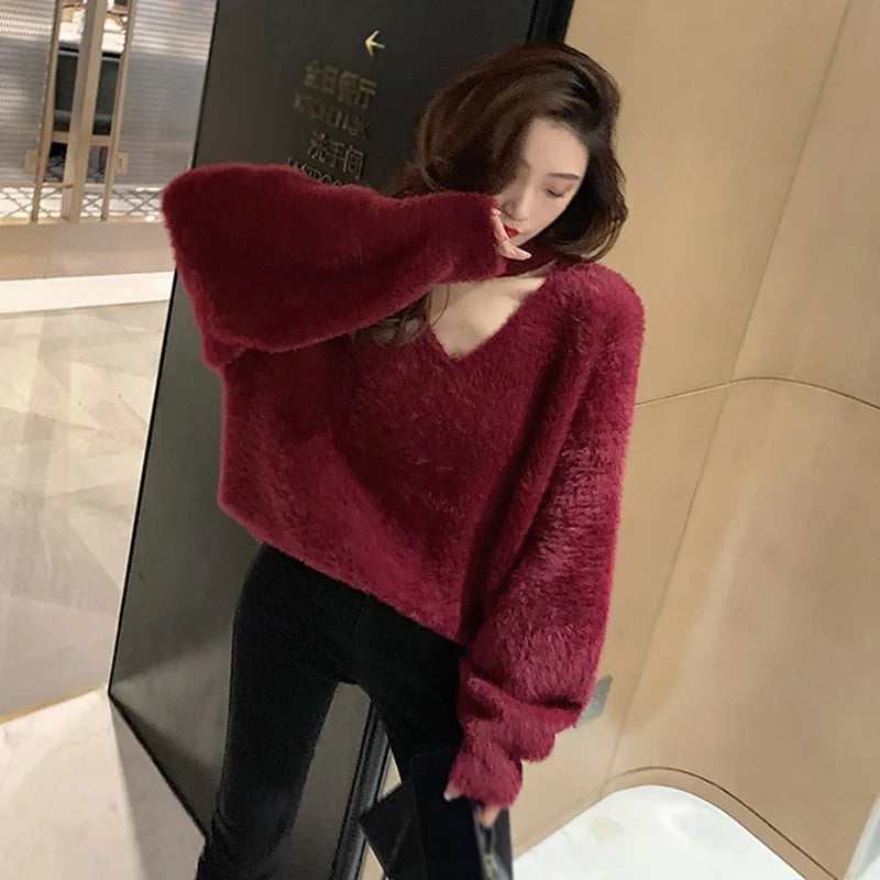 Autumn and Winter Fashion Women Loose Sweater Hanging Neck Solid Color Korean Version V-neckKnitwear