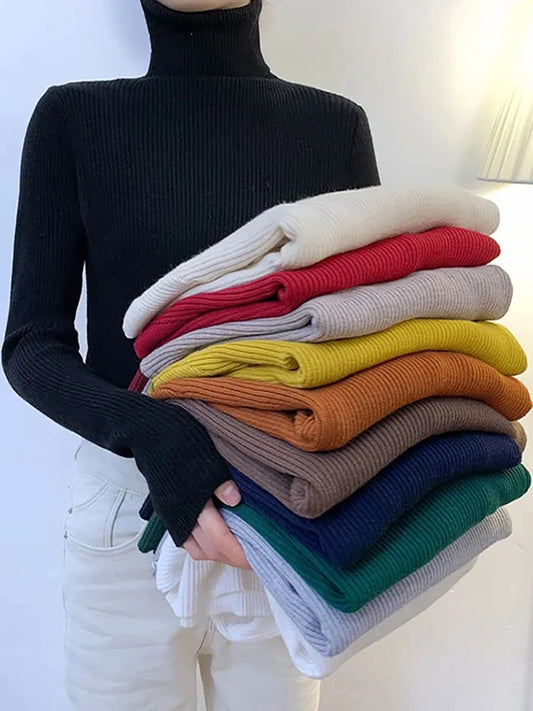 ZOKI New 2023 Women Pullover Turtleneck Sweater Autumn Long Sleeve Slim Elastic Korean Simple Basic Cheap Jumper Solid Color Top