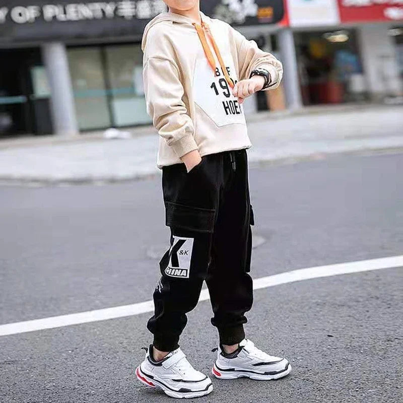 2024 Autumn Boys Pants Letter Print Cotton Sweatpants Casual Korean Cargo Pants Fashion Teenage Kids Sport Multi-pocket Pants