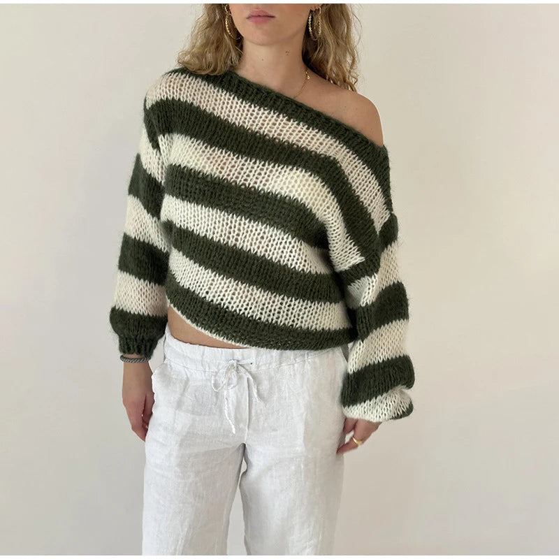 Off Shoulder Knitted Striped Sweater Women Loose Casual Slash Neck Long Sleeve Female Pullovers 2024 Autumn Lady Street Jumper