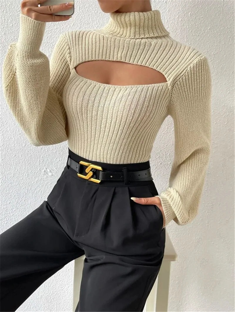 Chest Hollowed-out Sexy Sweater Design Sexy Loose Matching Sweater Fall Winter Turtleneck Hollowed-out Sweater Women Wear Top