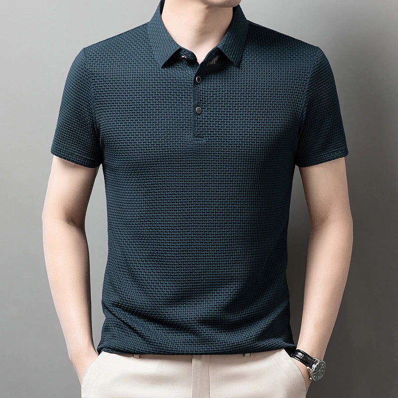 New Men's Checkered Short Sleeved Solid Color POLO Shirt Breathable and Comfortable Elastic Top