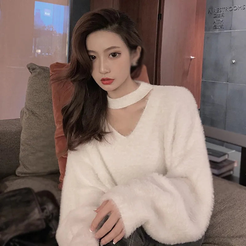 Autumn and Winter Fashion Women Loose Sweater Hanging Neck Solid Color Korean Version V-neckKnitwear