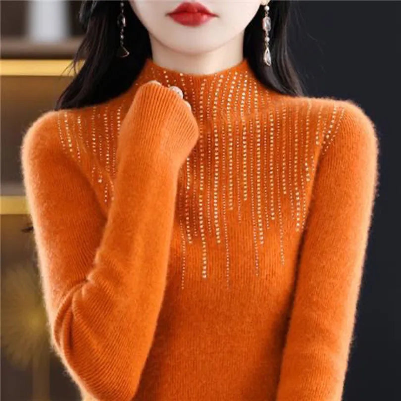 Hot Diamond Half High Neck Sweater Women's Pullover Autumn and Winter New Fit Versatile Warm Knitted Sweater Women