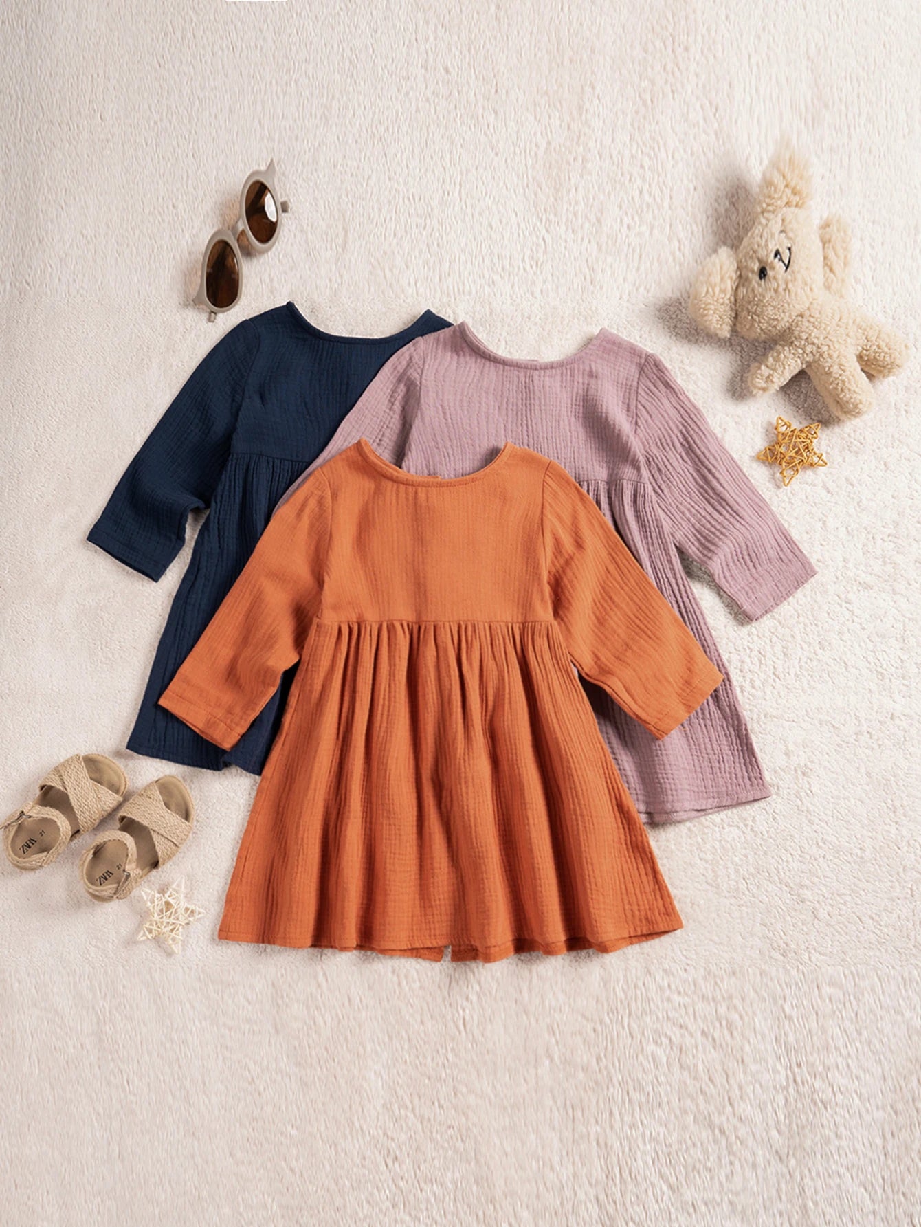 Autumn Cotton Dresses Baby Girl Long-sleeved Casual Dress Solid Color Fashion Simple Girl Sweet Children's Clothing