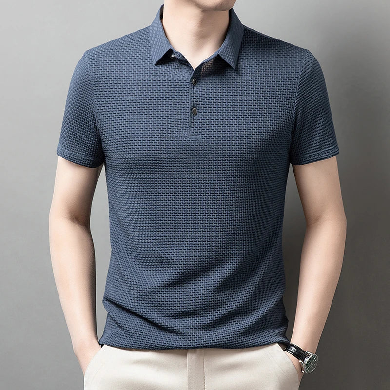 New Men's Checkered Short Sleeved Solid Color POLO Shirt Breathable and Comfortable Elastic Top