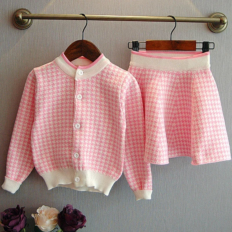 2024 Autumn Little Girl Pink Plaid Sweater Sets Winter Kids Korean Style Casual Cardigan Sweater Baby Girl Toddler Clothing