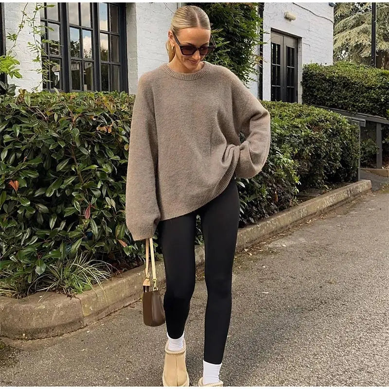 Casual Brown O-Neck knitted Cashmere Pullover Women Fashion Full Sleeve Loose Commute Jumper 2024 Autumn Lady Street Outerwears