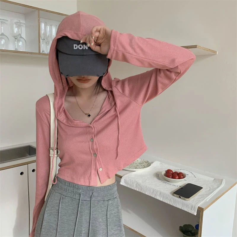 Fall Women Knitted Hooded Cardigan Korean Loose Streetwear Single Breasted Crop Tops Woman Solid Long Sleeve Knitwear