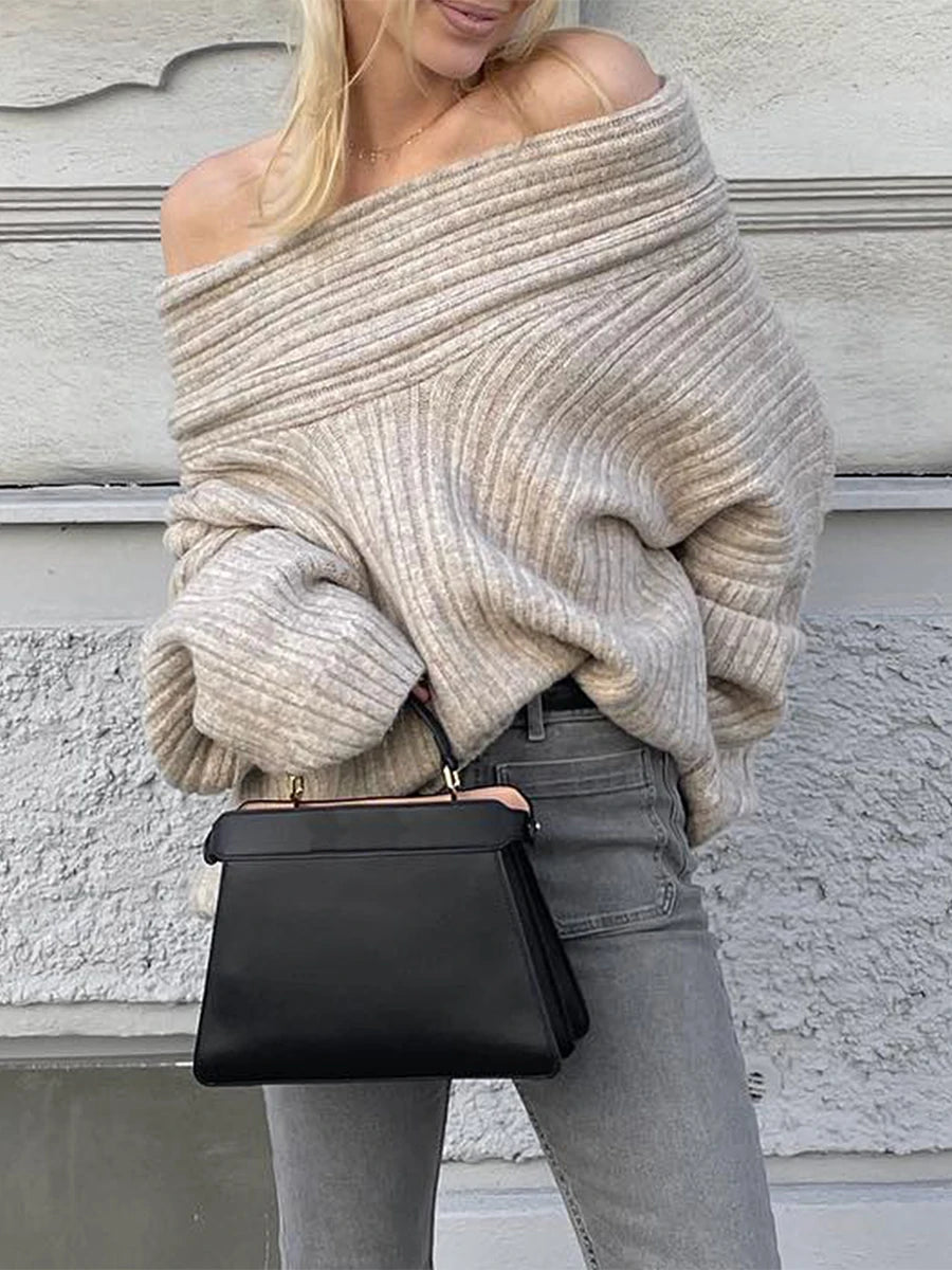 Women y2k Grey Off Shoulder Loose Knit Sweater Solid Long Sleeve Boat Neck Ribbed Pullover Fall Winter Casual Jumpers Streetwear