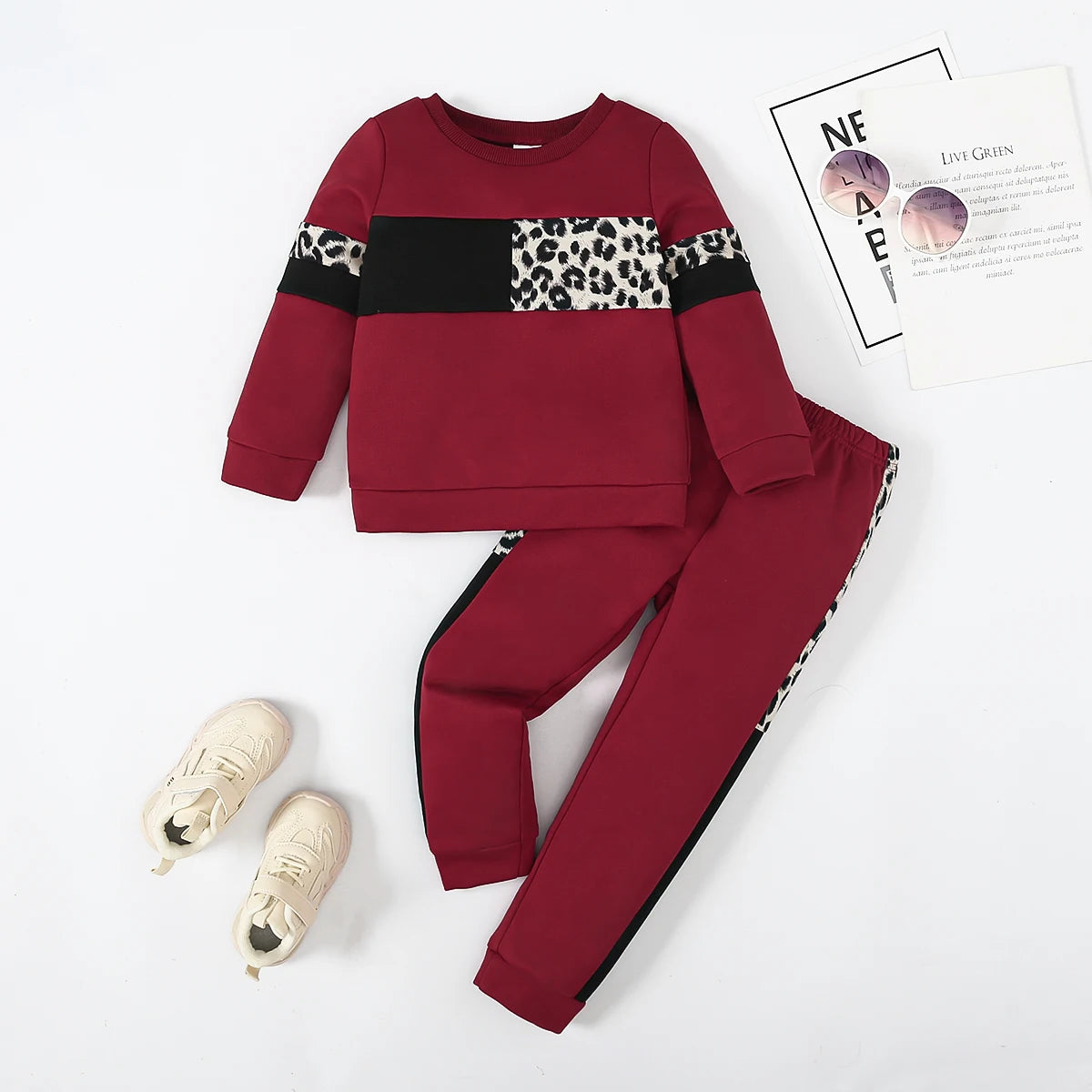 Boys And Girls Set Round Neck Long Sleeve Loose Top Leopard Pattern Pants Elastic Waist Home