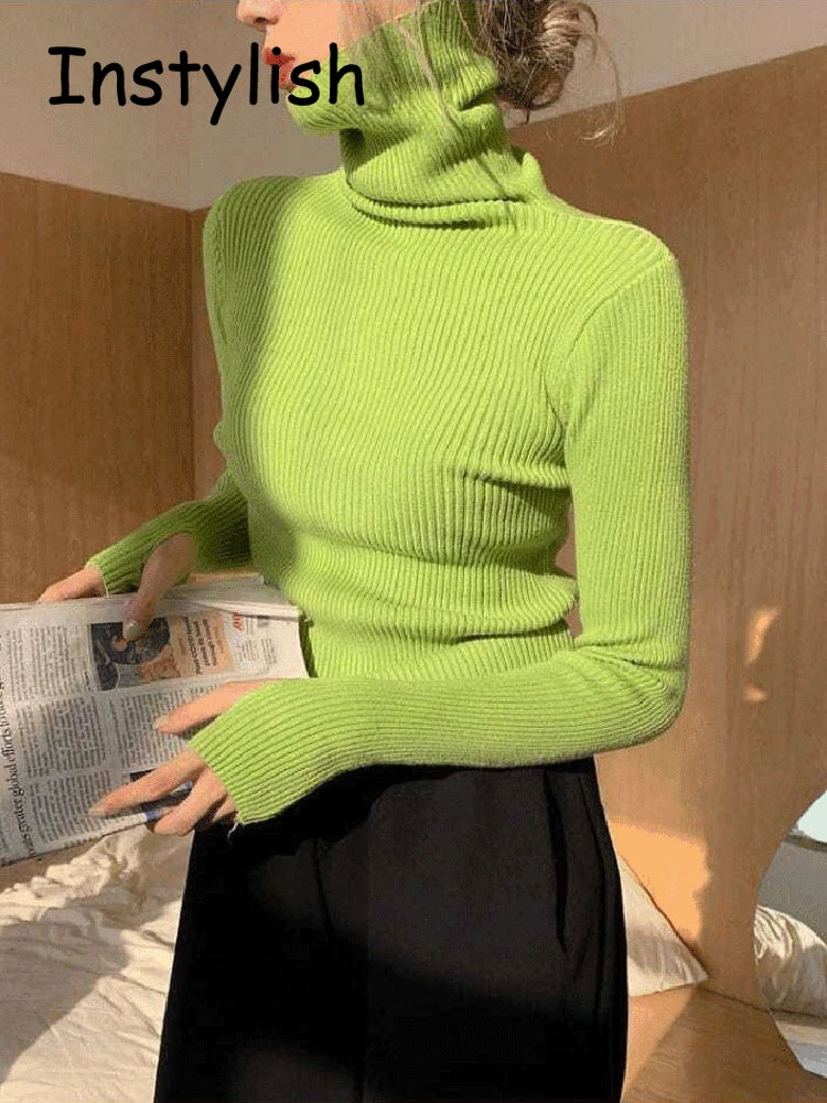 Women Vintage Y2K Turtleneck Sweater Finger Hole Elegant Slim Knitted Pullover Korean Harajuku Jumper Autumn Winter Basic Tops