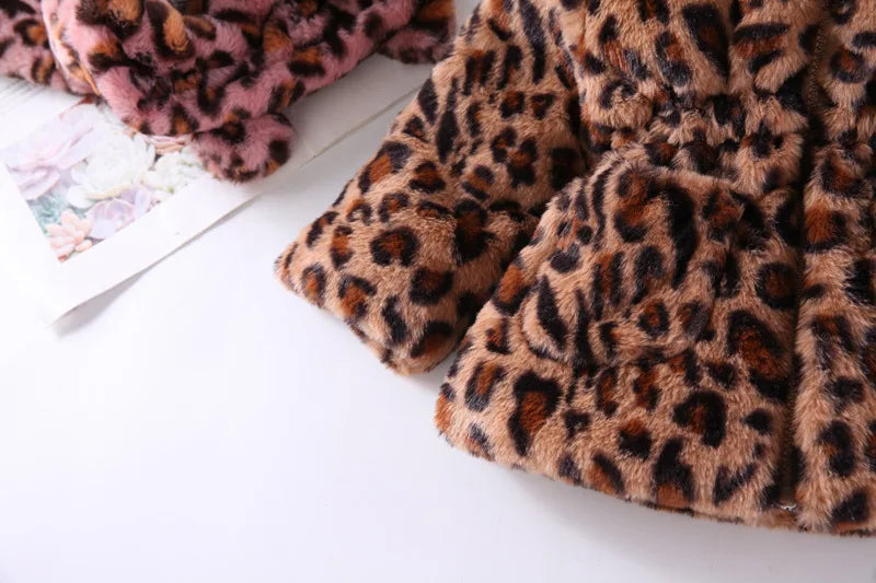 Autumn Winter Plush Baby Girls Jacket Fashion Leopard Print Warm Faux Fur Coat For Girls Hooded Outerwear 2-8 Years Kids Clothes