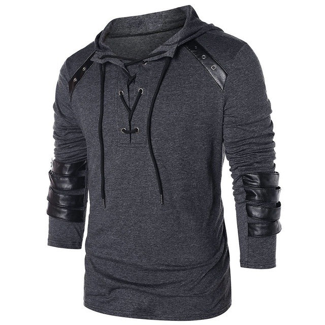 Adult Men Medieval T-shirt Gothic Steampunk Sweatshirt Lace Up Long Sleeve Pullover Hooded Tee Halloween Shirts Tops chemise