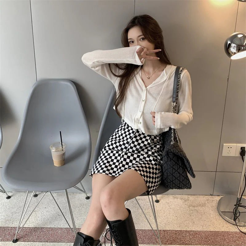 Fall Women Knitted Hooded Cardigan Korean Loose Streetwear Single Breasted Crop Tops Woman Solid Long Sleeve Knitwear