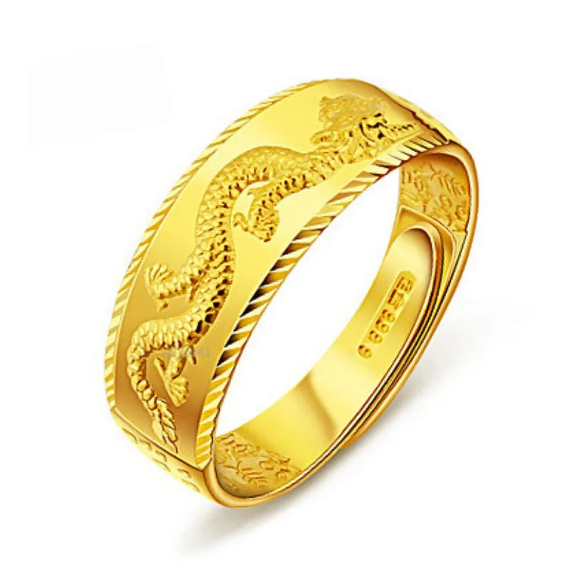 24k Gold Ring for Man Luxury Engraving Dragon Adjustable Ring Fashion Jewelry Male Two Color Yellow/White Gold Finger Ring Gift