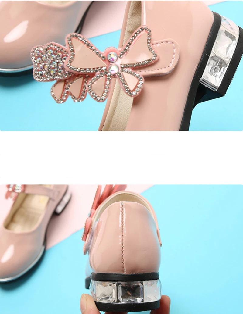 Girls Leather Shoes 2023 Spring Summer PU Patent Leather Kids Dress Shoes High Heels Butterfly-knot Dress Shoes for Wedding Chic