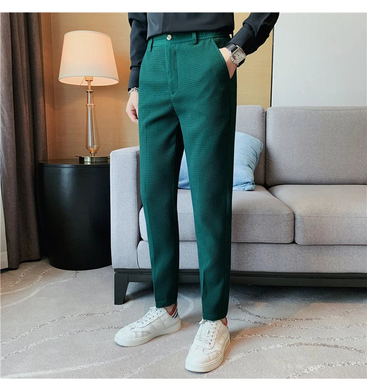 Suit Pants Autumn Winter Fashion Waffle Dress Pants For Men Clothing Business Casual Slim Fit Men's Formal Trousers High Quality