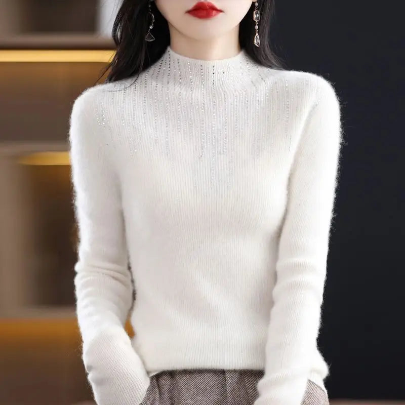 Hot Diamond Half High Neck Sweater Women's Pullover Autumn and Winter New Fit Versatile Warm Knitted Sweater Women