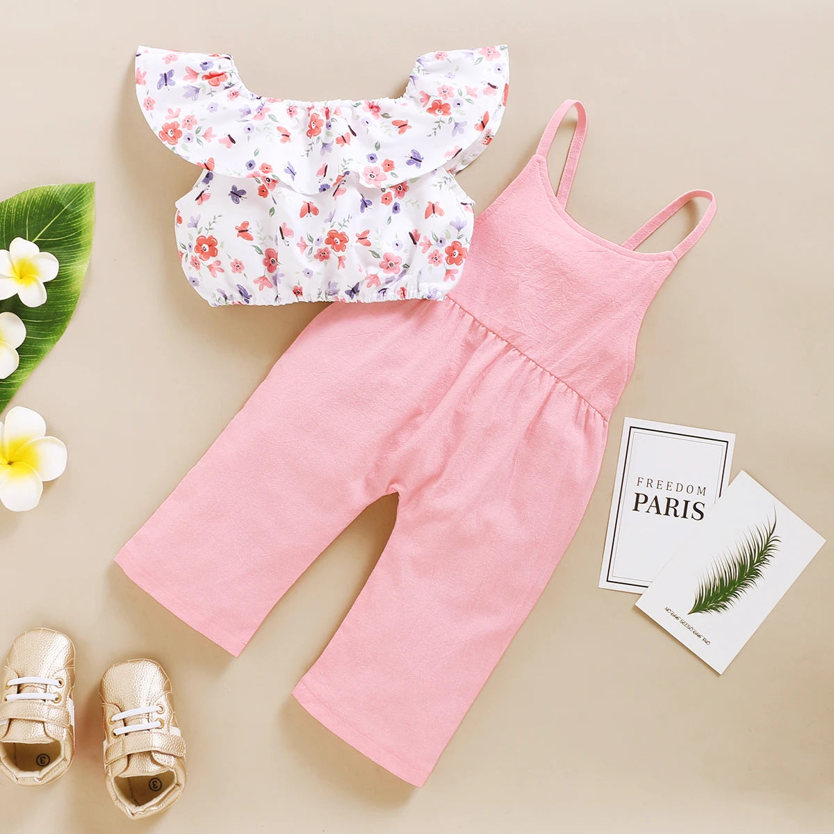 2PCS Kids Girl School Clothes Set Lotus Leaf Short Top+Suspender Pant Fashion Summer Lovely Clothing for Toddler Girl 1-5 Years